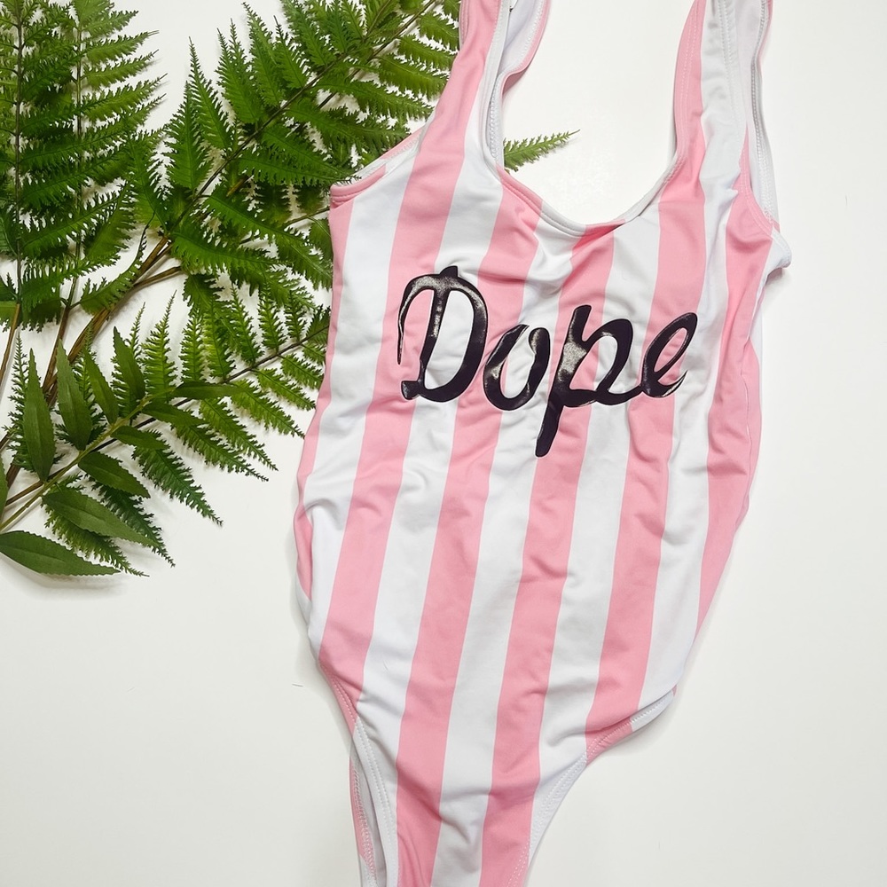 Shein pink/white striped “dope” one piece full coverage bikini - Picture 1 of 2